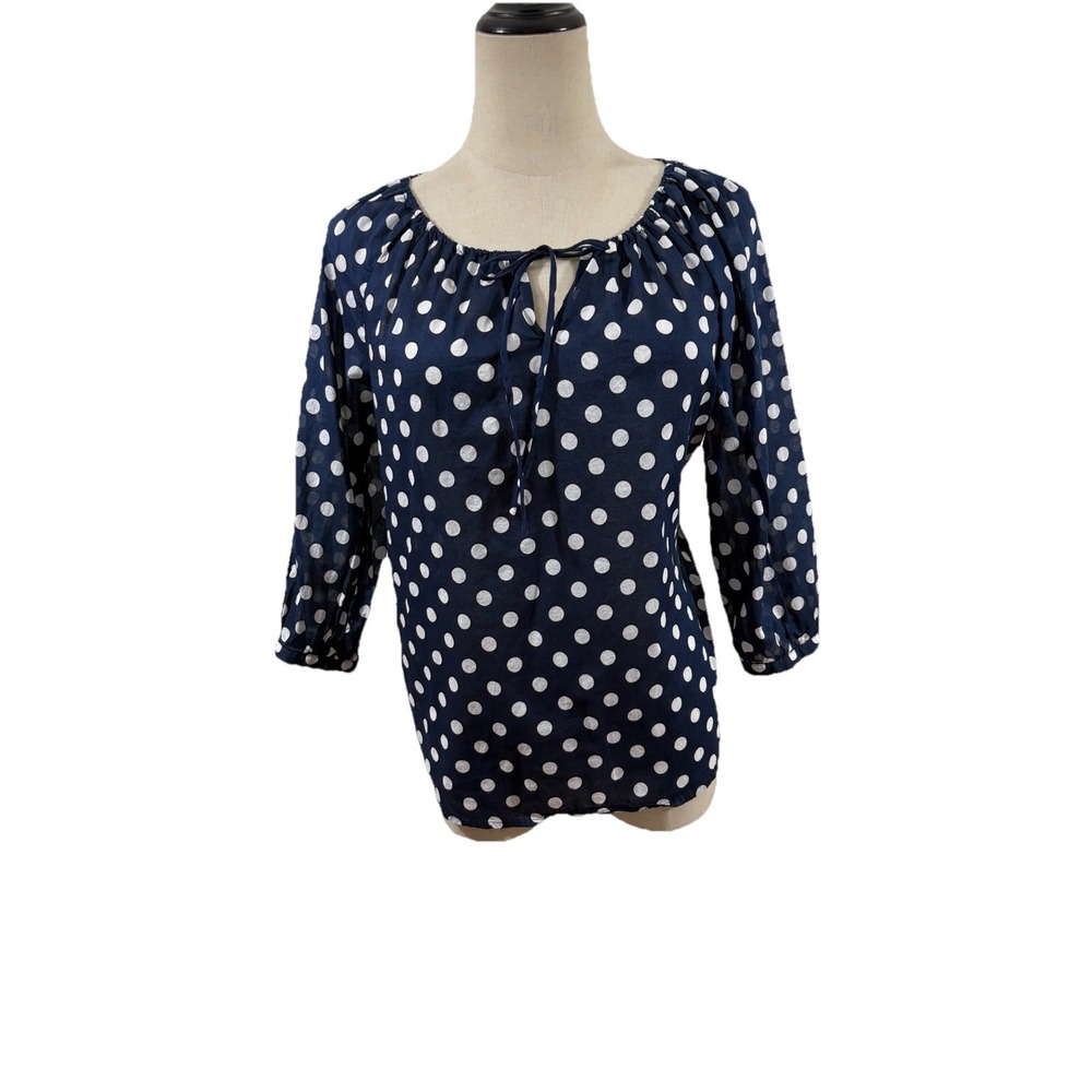 Lauren Ralph Lauren Navy White Polka Dot Blouse Peasent Sz S Boho Cottagecore
